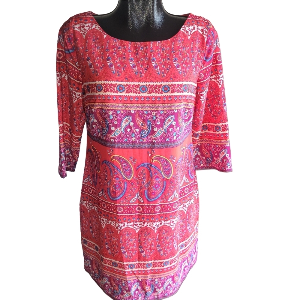 Old Navy Paisley Print Red Shift Dress with Cropped Sleeves Size M
